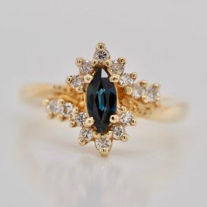 Sapphire and Diamond Vintage Marquise Ring in 14 Karat Yellow Gold